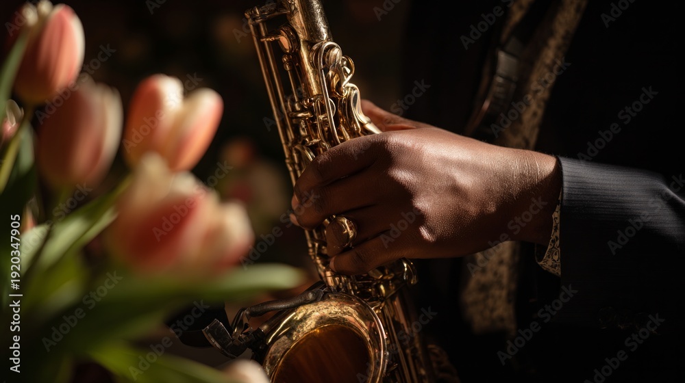 Obraz premium A man is holding a saxophone and a bouquet of flowers