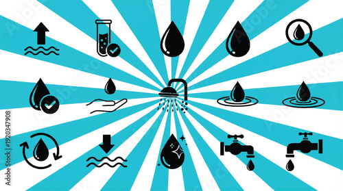 water icons and symbols on striped blue background