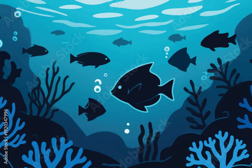 Silhouettes of fish swimming among coral and sea plants in stylized underwater illustration, gradient blue background with bubbles showing ocean depth and light penetration.
