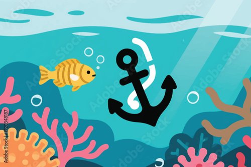 Yellow striped fish swimming near black anchor wrapped with rope, vibrant underwater cartoon illustration with coral reefs, bubbles, and sunlight rays.