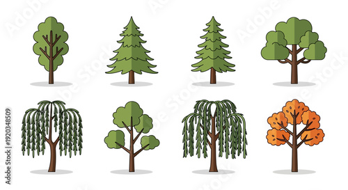 Set of stylized trees, diverse shapes and colors, vector illustration