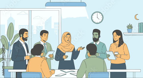 Diverse group of people in office meeting.