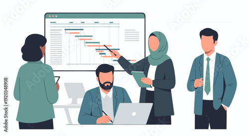 Diverse team collaborating on project data.