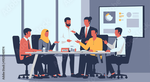 Diverse team collaborating in office meeting.