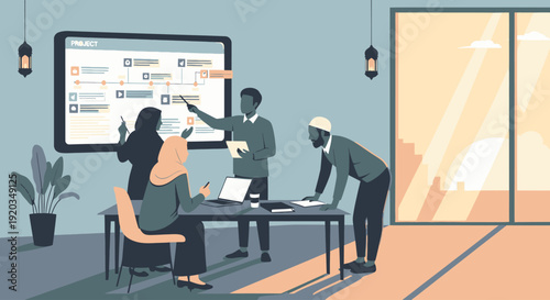 Business people discussing in a meeting room with laptops and whiteboard.