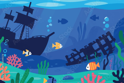 Two sunken ships surrounded by colorful fish and coral reefs in vibrant underwater cartoon illustration, lively ocean scene with bubbles and marine vegetation.