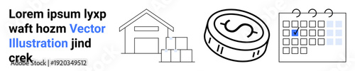 Logistics, e-commerce, finance, organization, planning, inventory management. a warehouse, coin and calendar. Logistics and e-commerce concepts illustrated with clear symbols