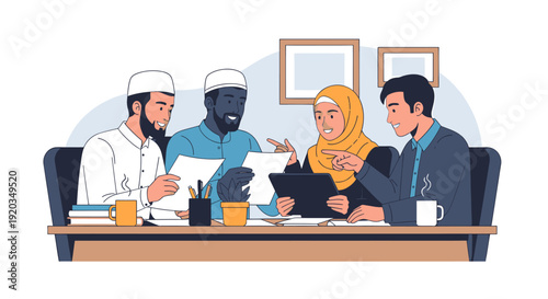 Diverse group of people in meeting.