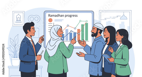 Diverse colleagues discussing Ramadhan progress.