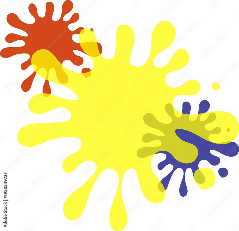 Obraz premium Explosion of yellow, red, and blue paint splatters on white background.