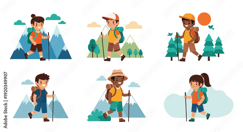 Fototapeta premium Set of six cartoon children hiking and trekking with backpacks and walking poles in nature