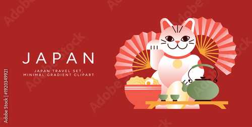 Maneki-neko cat with fan, ramen and tea set, japanese travel clip art in red gradient. Oriental tradition design for poster, banner, social media, invitation and print.