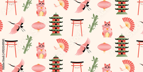 Seamless japan pattern with torii gateway, pagoda, lantern, fan, bamboo and crane, cute maneki-neko cat, japanese culture travel clip art illustration, red decoration background for poster