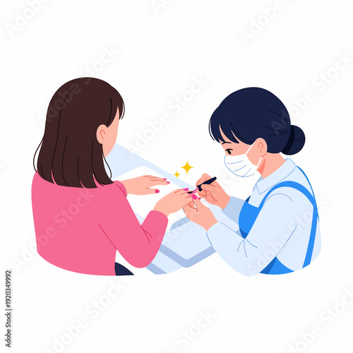 A nail technician carefully applies polish to a customer's fingernails in a salon setting.