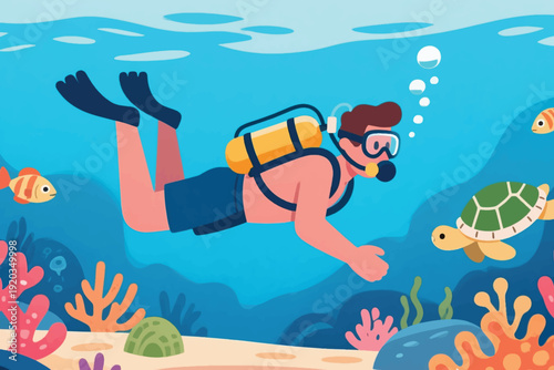 Scuba diver exploring underwater coral reef with fish and sea turtle, vibrant marine life illustration in deep blue ocean scene.