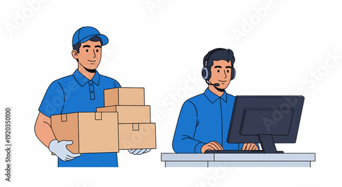 A delivery man holding packages and a customer service agent working on a computer.