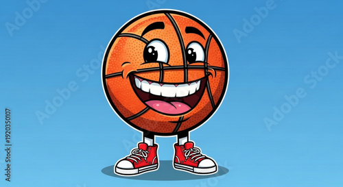 Smiling Basketball Character Wearing Red Sneakers on Blue Background