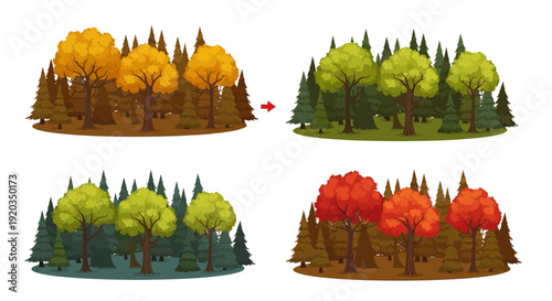 Autumn Forest Transformation: Seasons Change, Leaves Fall and Grow