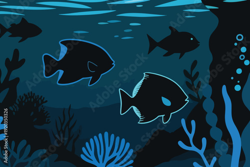 Cartoon style underwater scene with four fish swimming among coral and seaweed, deep blue ocean background with bubbles, vibrant marine illustration.