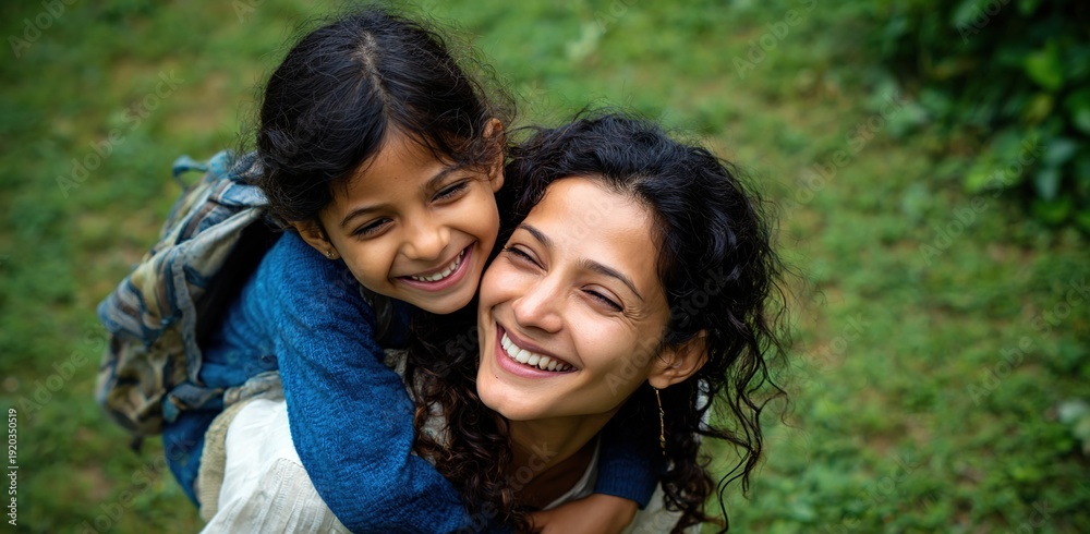Naklejka premium Joyful Mother Carrying Daughter in Nature, Ideal for parenting campaigns, family lifestyle content, educational promotions, and heartwarming social media visuals.