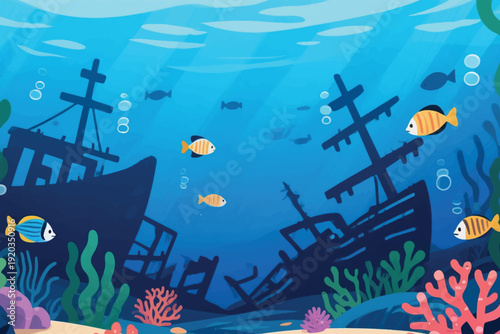 Two sunken ships on ocean floor surrounded by coral, sea plants, and colorful fish, vibrant underwater illustration symbolizing marine biodiversity and artificial reef.