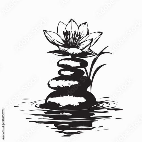 Tableau sur toile Calm Lake Silhouette Vector with Lily Flower on Rocks Illustration