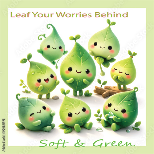 A delightful 3D illustration featuring adorable leaf-shaped creature characters designed in a cute minimalist kawaii style. Each character displays a gentle smile, soft pastel green tones, smooth matt
