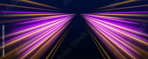 Glowing light ribbons twist dynamically across layered abstract space. Soft gradients of cyan and pink enhance depth and flow. The illustration captures speed, motion, and immersive digital design.