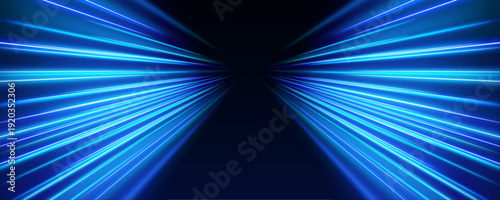 Neon light ribbons twist and spiral in radiant motion. Electric gradients shift from cyan to violet with fluid transitions. The composition conveys acceleration and modern digital aesthetics.