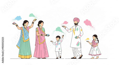 Family celebrating holi festival with colorful powder traditional indian clothing joyful atmosphere cultural event