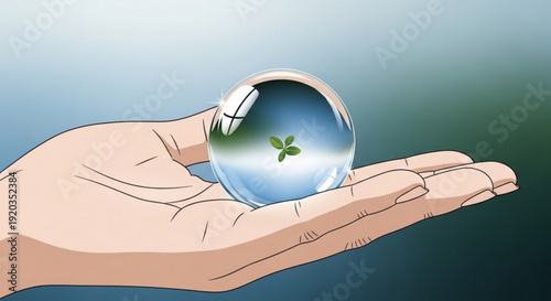 Hand holding glass globe with green clover inside symbolizing nature protection and care