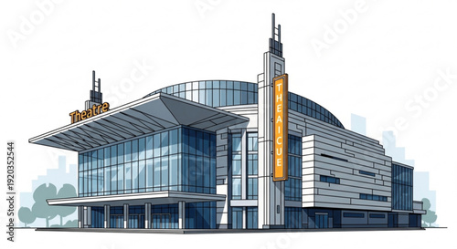 Modern glass and steel office building with yellow accent tower sleek architectural design cityscape background