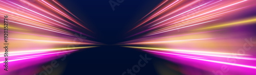 Electric ribbons of light twist into a glowing vortex form. Soft gradient layers create depth and smooth movement. The illustration suggests power and immersive digital motion.