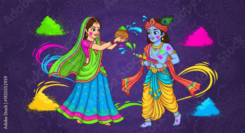 Vibrant holi celebration scene with woman and krishna colorful powder piles