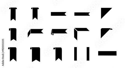 Black Ribbon Banner Label Bookmark Corner Set Vector Illustration