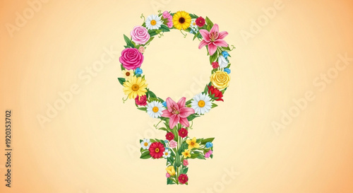 Floral female symbol illustration with vibrant colorful flowers and lush green leaves on soft beige background representing femininity and women's empowerment