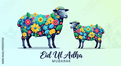 Vibrant Eid Ul Adha illustration featuring floral sheep standing together in a serene environment viewed from the side
