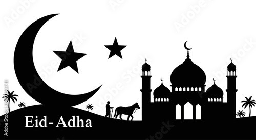Silhouette of mosque and crescent moon with star, Eid-Adha celebration scene with palm trees and horse rider