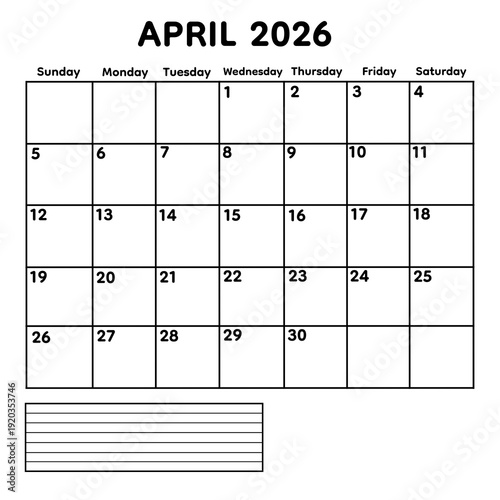 Elegant April 2026 monthly calendar designed with sharp black line grid and simple minimalist structure. Isolated on transparent background for easy customization. Ideal for office planning