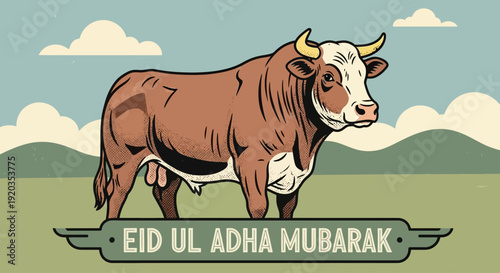 Cow standing in a serene landscape with Eid Ul Adha Mubarak text overlay