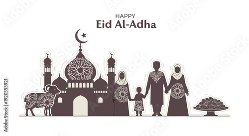 Family Standing Together in Front of Mosque during Eid Al-Adha Celebration Illustration