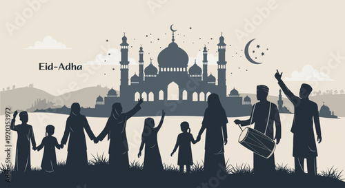 Family Celebrating Eid Al-Adha Together in Front of a Majestic Mosque Silhouette, Image 1256