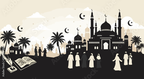 Community Gathering at Mosque during Ramadan under Crescent Moon and Palm Trees, Vector Illustration