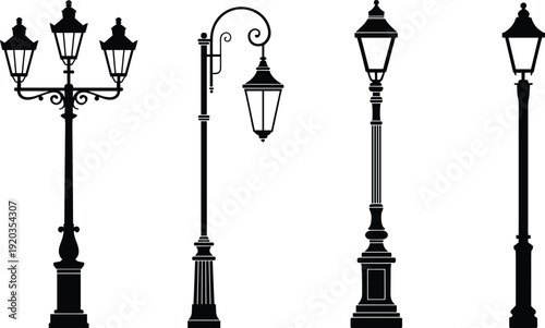 Vintage street lamp silhouette vector set, classic lantern post collection, decorative urban lighting design illustration, isolated white background