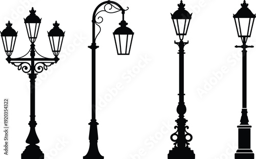 Vintage street lamp silhouette vector set, classic decorative lantern post collection, urban lighting design illustration, isolated white background