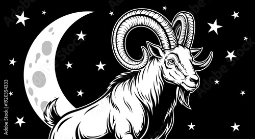 A majestic goat stands proudly in front of a crescent moon surrounded by stars in a celestial scene vector illustration