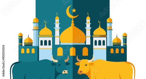 Sacred animals standing before a majestic mosque with golden domes and minarets, Eid al-Adh celebration, vector illustration