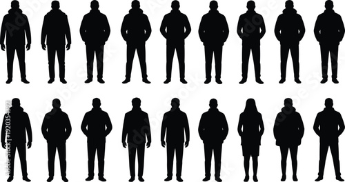 Standing people silhouette collection, men and women crowd figures set, black human characters isolated, professional group vector illustration