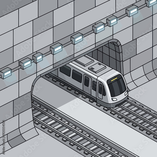 Modern Train in Underground Station Tunnel.
