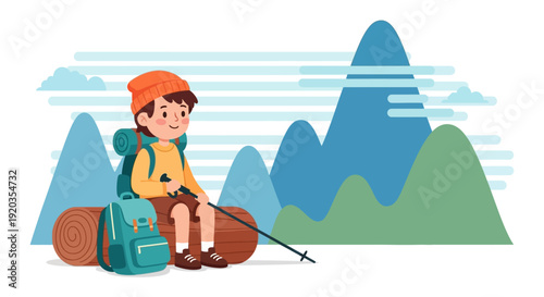 Happy child hiker sitting on a log with backpack and trekking pole before mountains